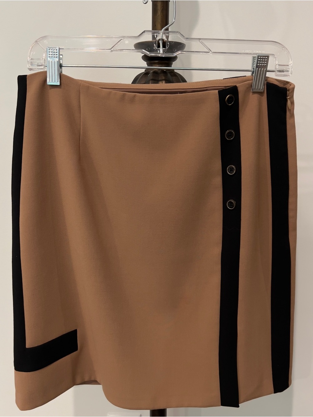 White House Black Market Tan Skirt with Black Trim and Eyelet Buttons
